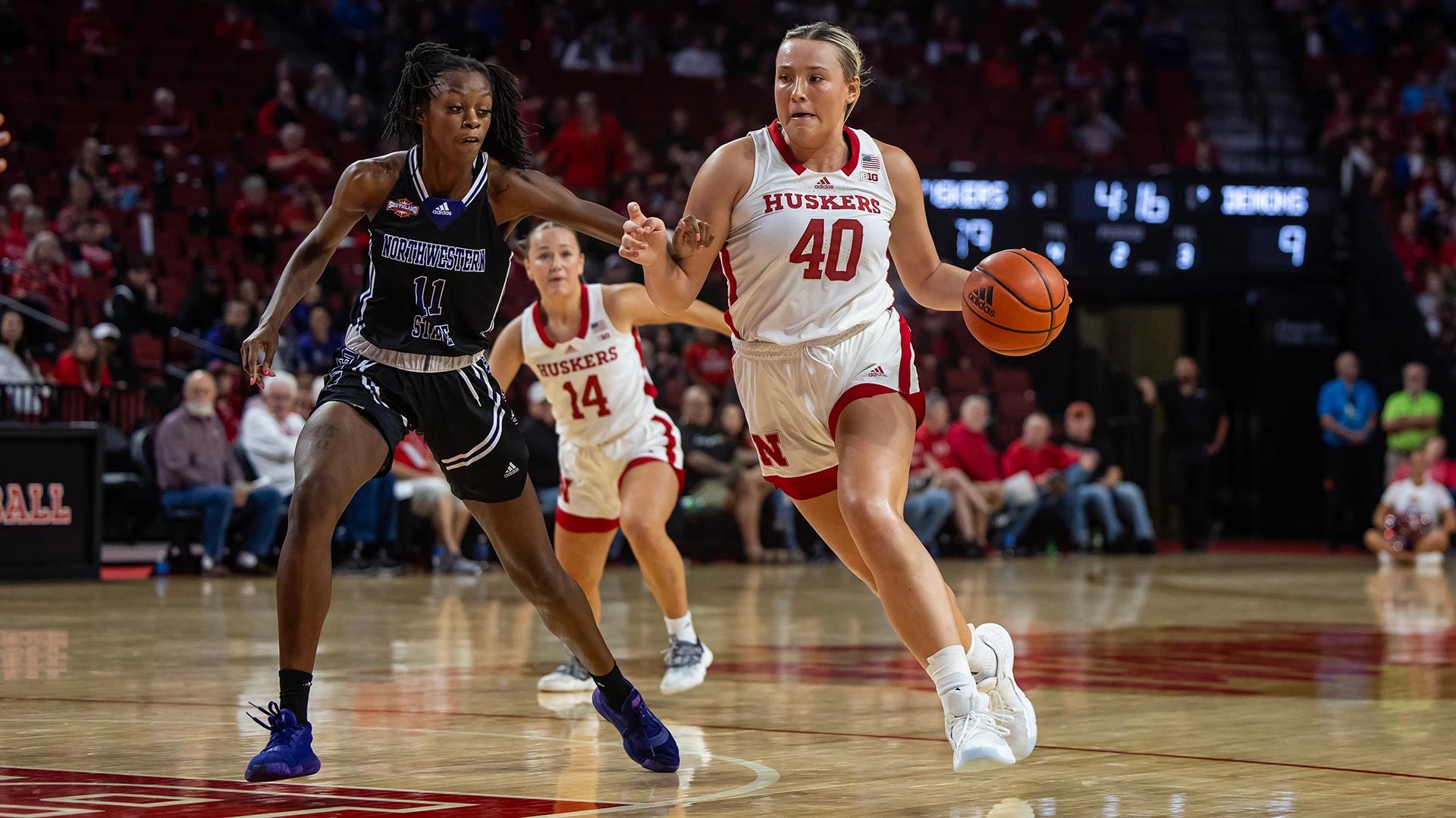 Nebraska forward Alexis Markowski drives to the basket against Northwestern State (Nov. 6, 2023)